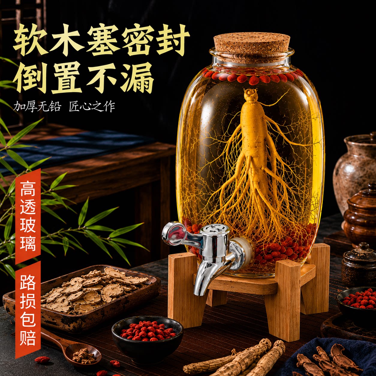 加厚无铅玻璃泡酒瓶软木塞带龙头图片