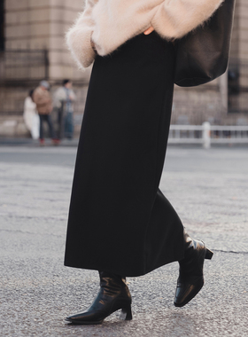 【知喜ziJoy】桑蚕丝山羊绒黑色半身裙女百搭休闲显瘦中长款裙子