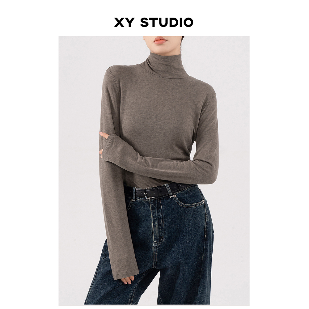 ISSNAYAS天丝羊毛高级奢感打底衫女秋冬堆堆领微修身长袖T恤女