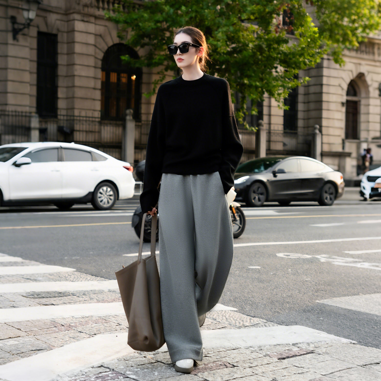 2026春季新款18针美丽诺羊毛精纺扬子纱线毛衣百搭休闲弯刀裤套装