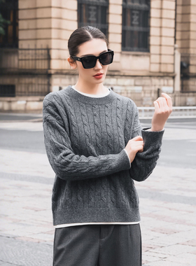 【知喜ziJoy】美丽诺羊毛绞花圆领针织衫秋冬百搭休闲高级灰毛衣