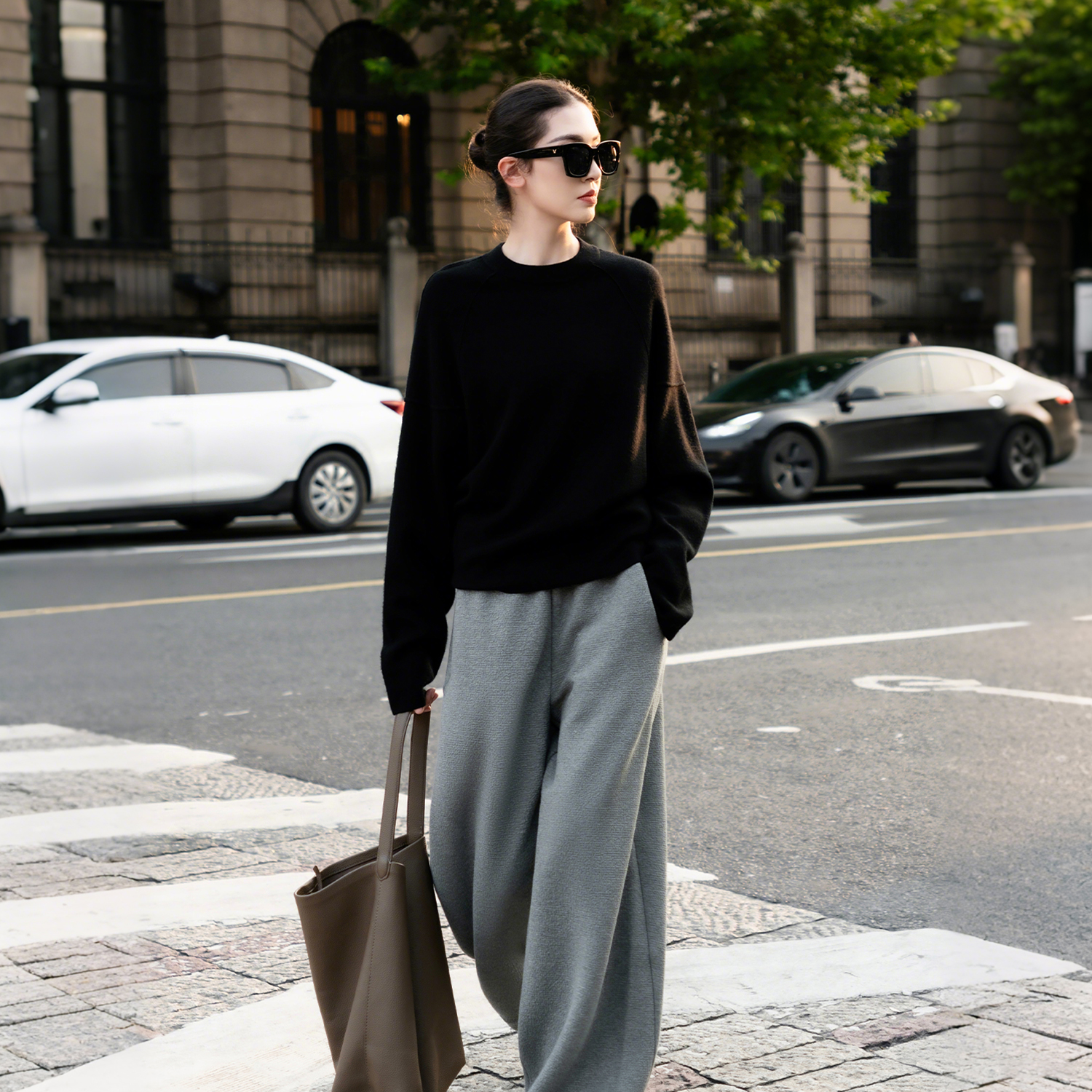 100%美丽诺绵羊毛精纺扬子纱线廓形毛衣打底设计感弯刀阔腿裤套装