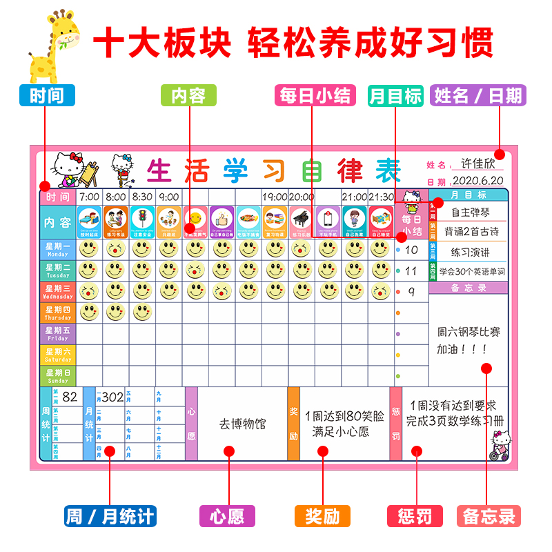 好习惯自律表儿童奖惩规则宝宝开学成长打卡计划小学生奖励表墙贴