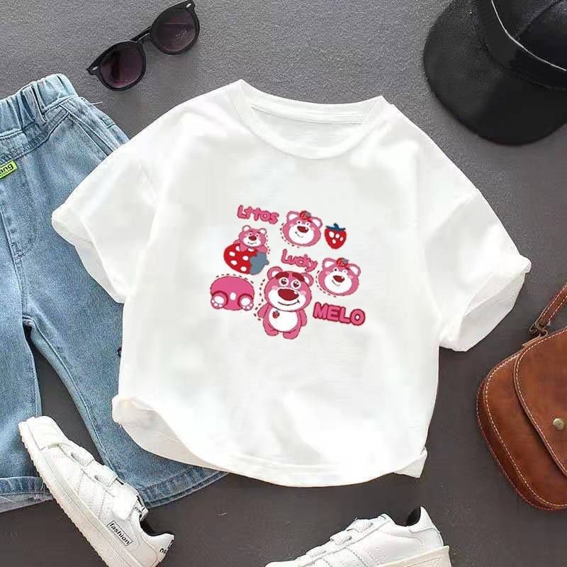童装儿童T恤夏2024新款洋气女童宝宝卡通草莓熊粉色纯棉短袖上衣