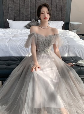 灰色伴娘服2024新款小众高级感显瘦姐妹团毕业晚礼服裙女秋冬长款