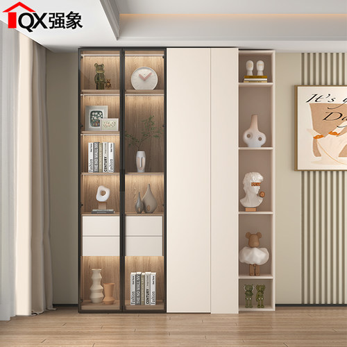 轻奢防尘书柜带玻璃门书架定制书柜一体整墙客厅收纳柜展示柜F59