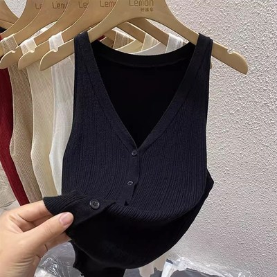 2024夏季红色针织开衫无袖马甲女内搭打底衫外穿V领吊带背心上衣