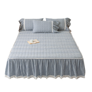 纯棉色织水洗棉牀裙式 单件夹棉牀罩小格子全棉防尘罩1.8m防滑牀套