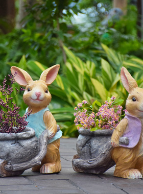 户外花园庭院装饰复古兔子花缸幼儿园摆件卡通动物花盆玻璃钢雕塑