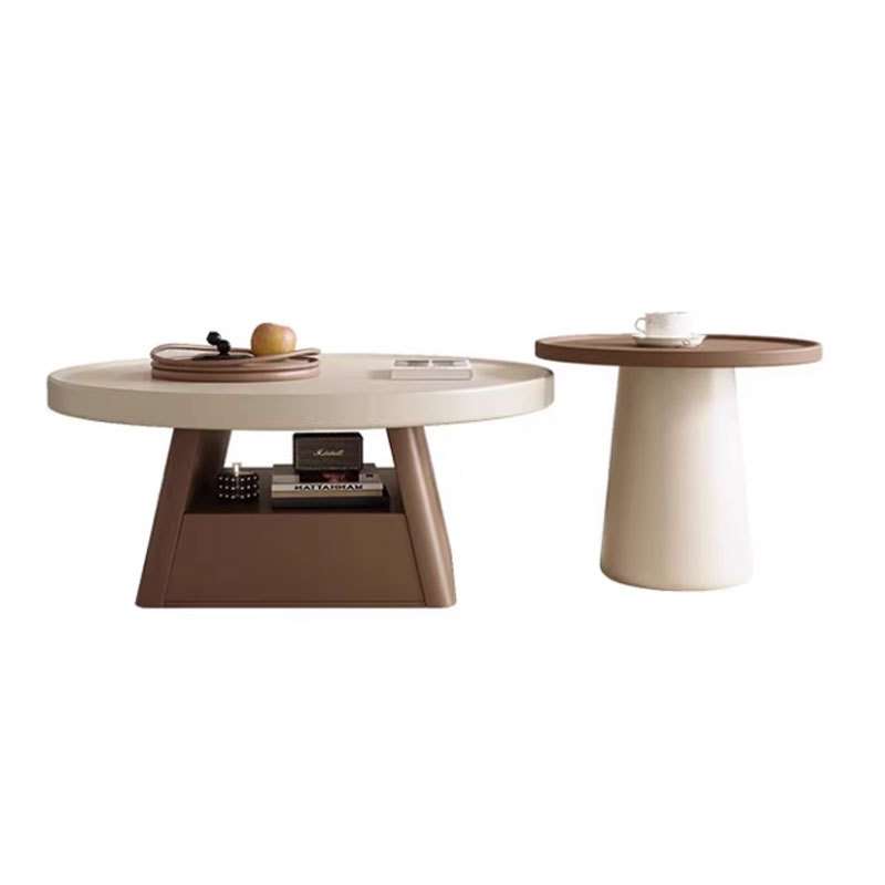 法式复古风奶咖极简圆形奶油风茶几小户型茶桌客厅家用轻奢高级感