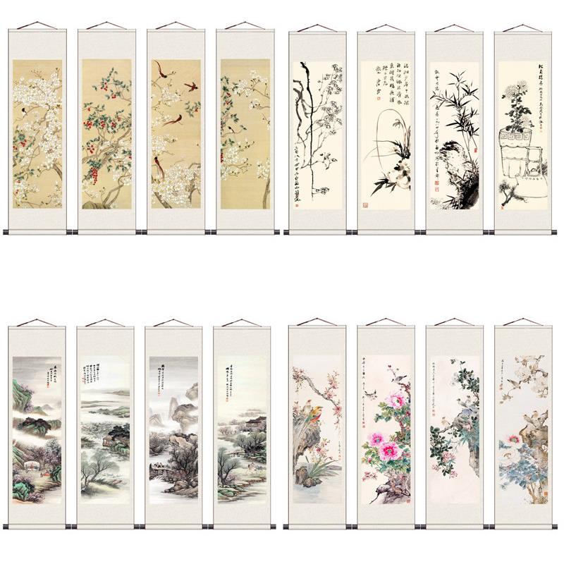 水墨山水挂画招财丝绸挂画四条屏颜伯龙花鸟画字画定制花鸟卷轴画