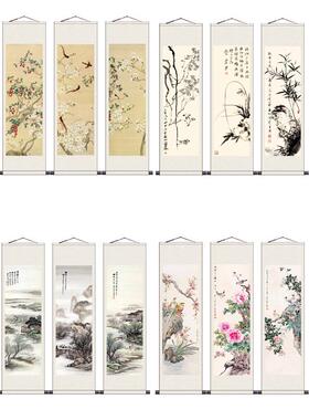 水墨山水挂画招财丝绸挂画四条屏颜伯龙花鸟画字画定制花鸟卷轴画