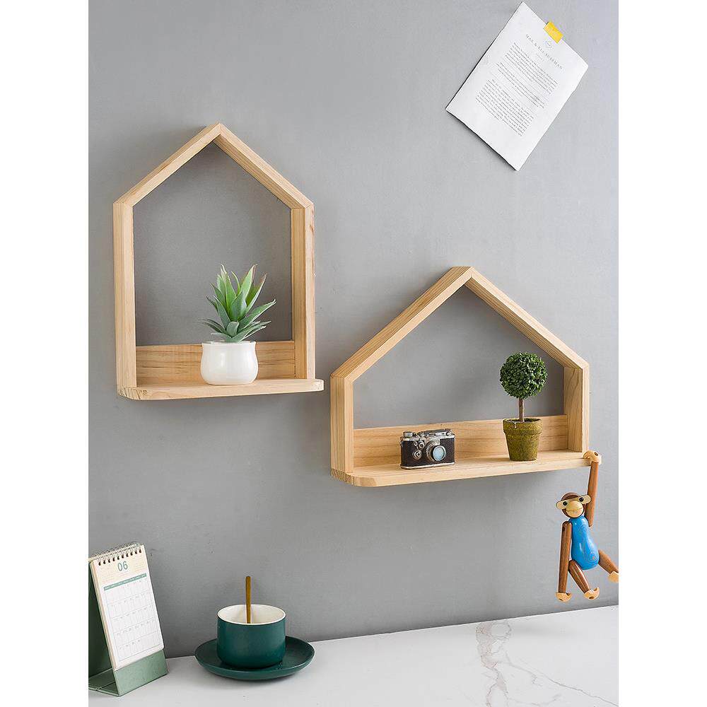 创意北欧实木墙上置物架免打孔墙壁客厅电视背景墙柜面原木装饰架