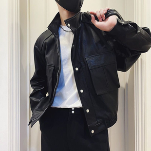 潮牌痞帅皮夹克套装 高级感美式 外套春装 皮衣潮流休闲男装 机车工装