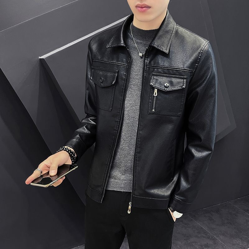 皮衣夹克2023新款青少年薄款-加绒复古帅气潮流翻领时尚PU修身