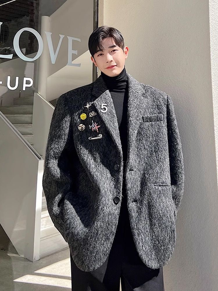 冬季羊毛西装外套男秋冬加厚毛呢西服高级感胸针设计感垫肩上衣潮