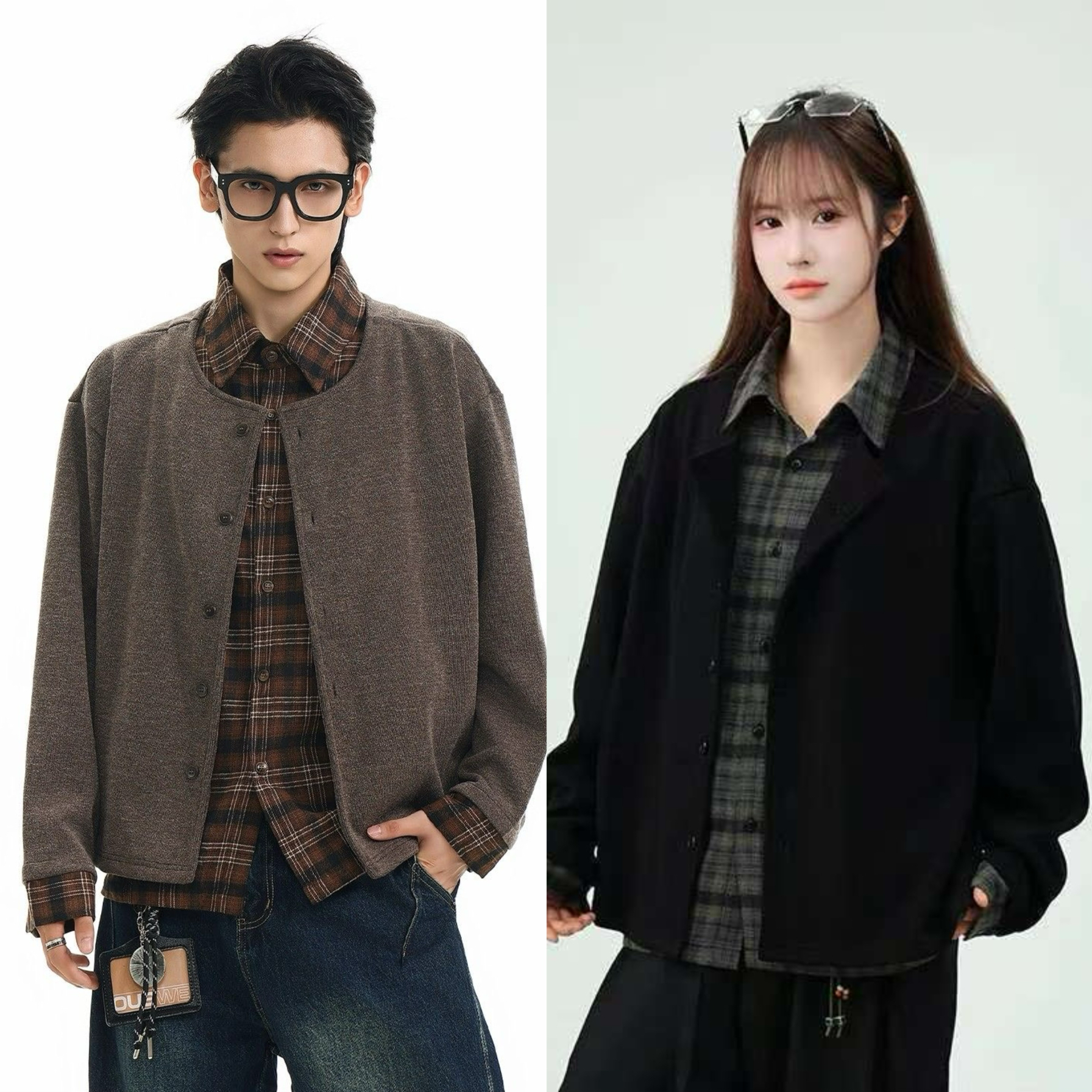 美式老钱风假两件衬衫领针织衫外套男秋冬格纹拼接设计感开衫毛衣