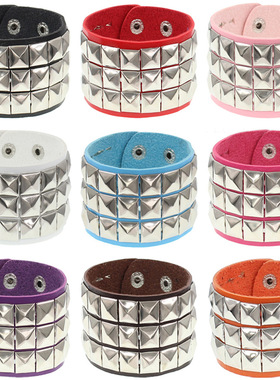 厂家直销欧美时尚朋克街拍夜店方铆钉手环  三排方钉皮质手链手镯