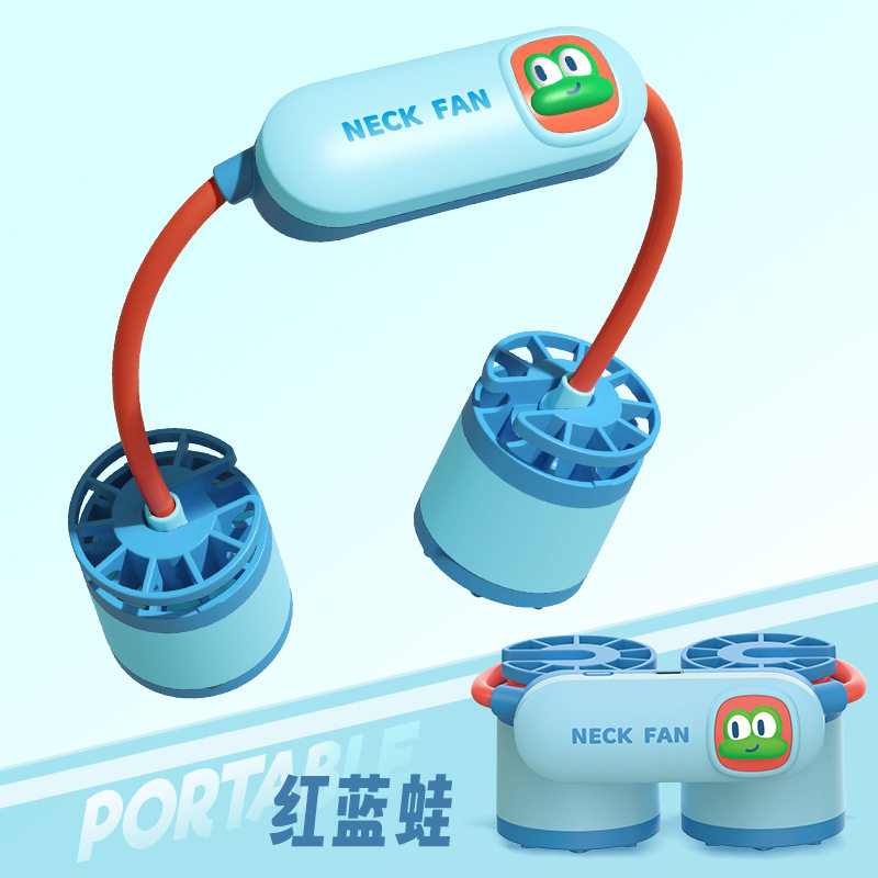 萌宠收纳双涡轮挂脖风扇USB充电便携式三档可爱卡通挂脖电风扇