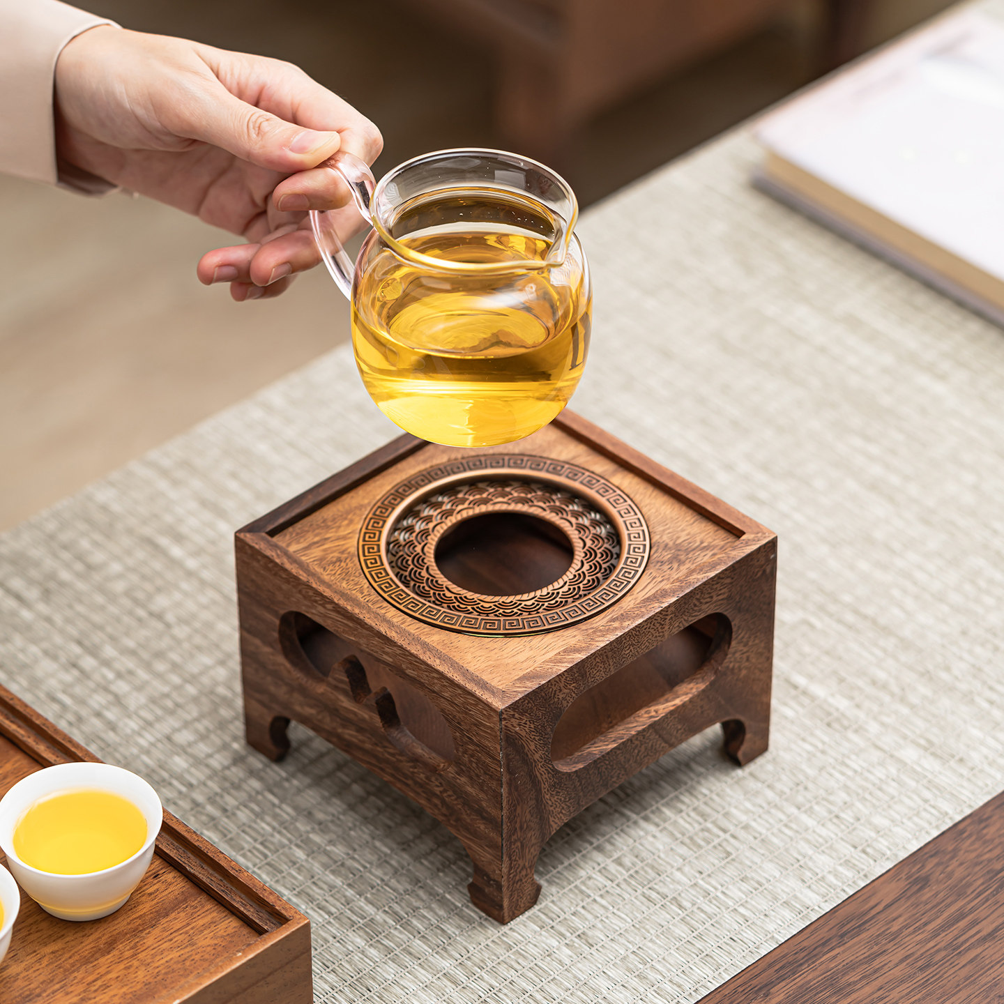 南美胡桃木温茶器底座实木煮茶保温炉家用公道杯恒温座新中式茶具