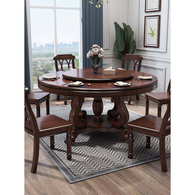 美式实木圆桌带转盘6人8人乡村覆古餐厅饭桌小户型家用餐桌椅组合