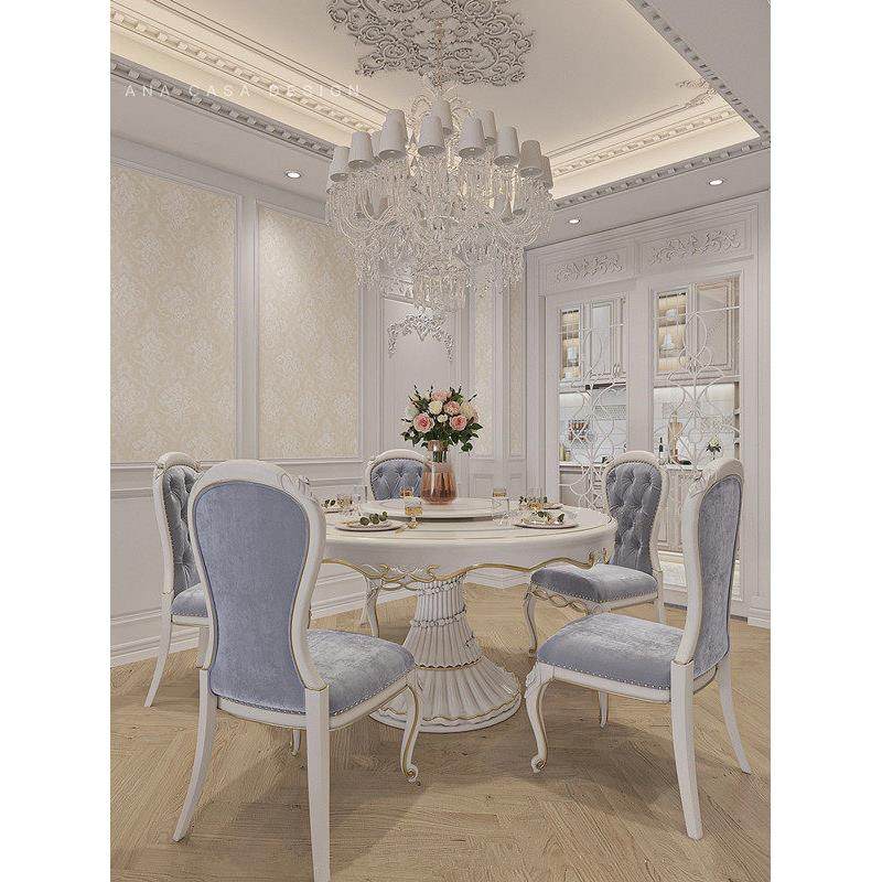 宫廷法式家具欧式实木雕花餐桌1.5米圆桌带转盘1.35M餐桌餐椅定制