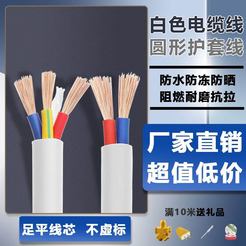 电线国标家用软2芯护套电车充电1.5白色3芯4/6平方电源2.5电缆线