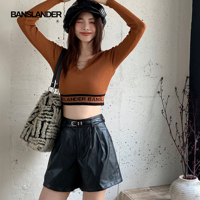 BANSLANDER真皮直筒皮带皮质短裤