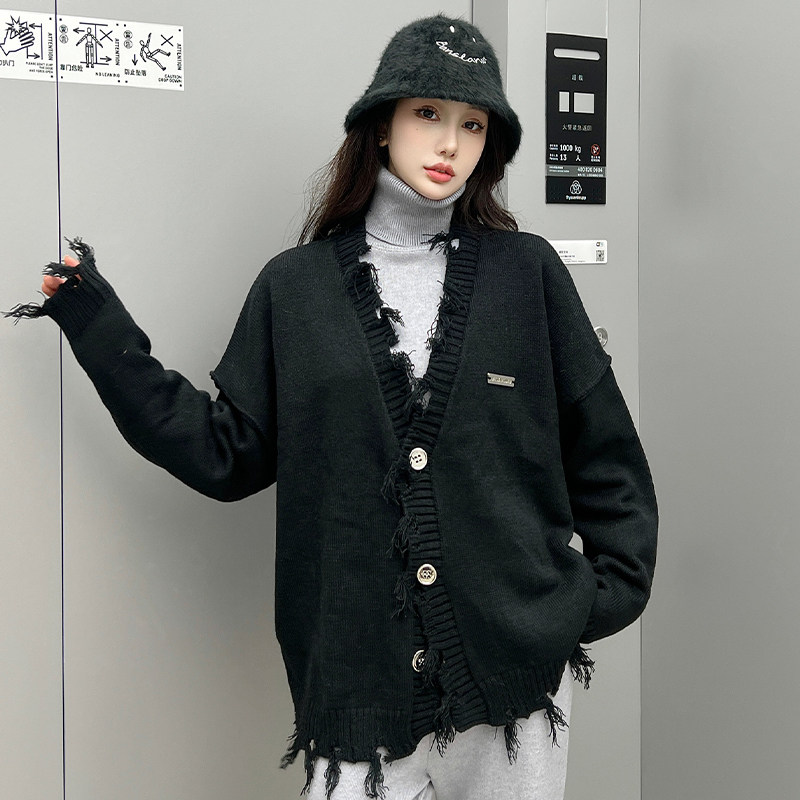 BANSLANDER韩系金属扣破坏开衫流苏毛边针织女宽松显瘦毛衣外套
