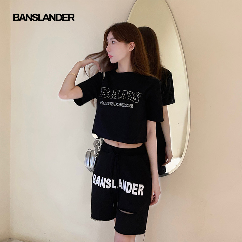 【李浩菲同款】BANSLANDER抽绳破洞大字母休闲短裤运动裤松紧腰