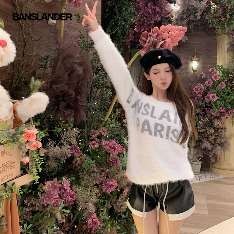 BANSLANDER复古圆领金属扣秋冬毛衣女性感露肩慵懒风冬季穿搭针织