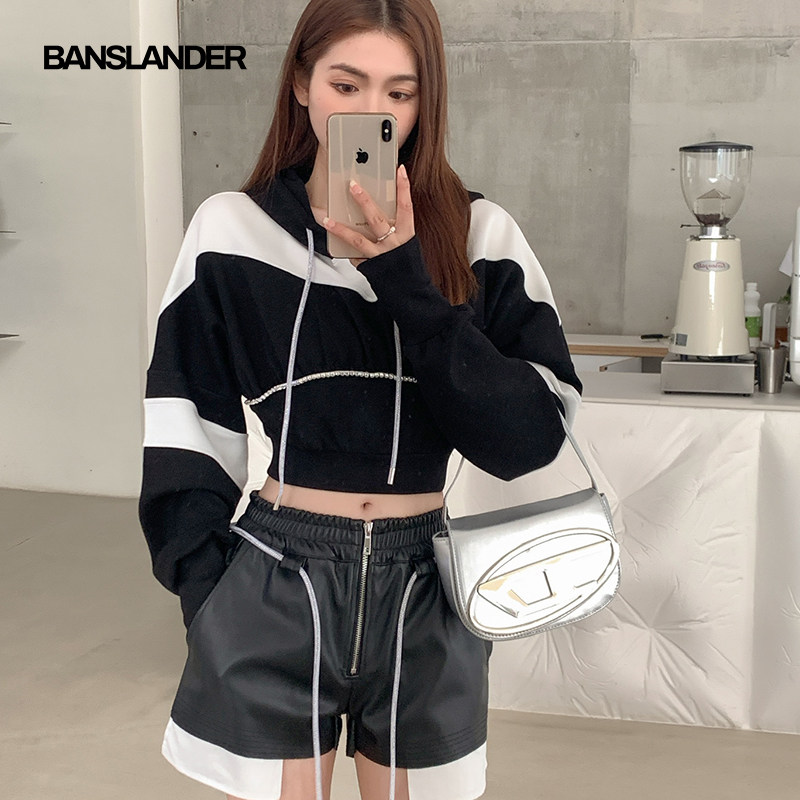 BANSLANDER闪钻抽绳拼色短款卫衣