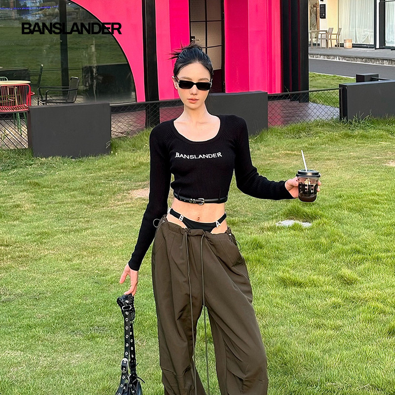 【包文婧同款】BANSLANDER短款皮腰带毛衣修身显瘦打底内搭针织衫