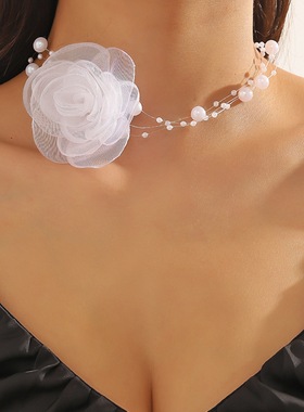 欧美跨境饰品手工网纱花朵choker颈链新款山茶花朵珍珠项链锁骨链