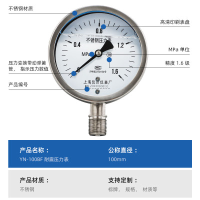 上海仪川仪表厂耐震抗震全不锈钢真空压力表水气油压高温YN-100BF