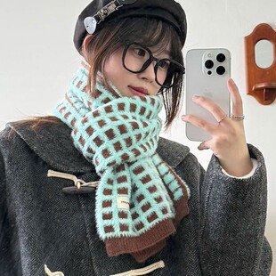 蓝色围巾女秋冬季仿羊绒保暖围脖护颈高级感格子披肩外搭2025新款