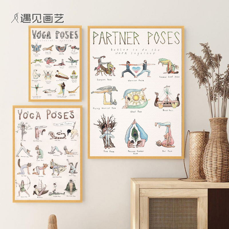 卡通彩铅手绘壁画瑜伽馆挂画yoga体式序列简图海报图片墙面装饰画图片