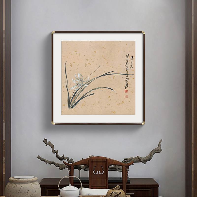 张大千兰花图玄关斗方挂画新中式饭餐厅装饰画客厅背景墙荷花国画