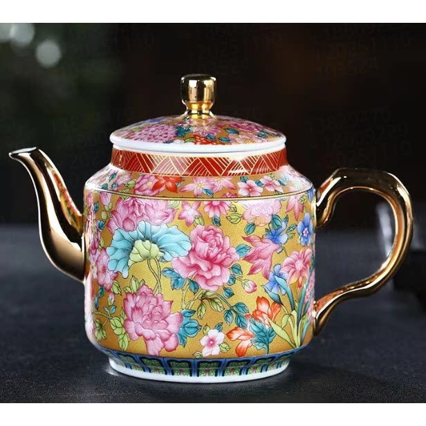 万花珐琅彩金边手把壶高档茶壶景德镇珐琅彩大容量大号家用泡茶壶图片