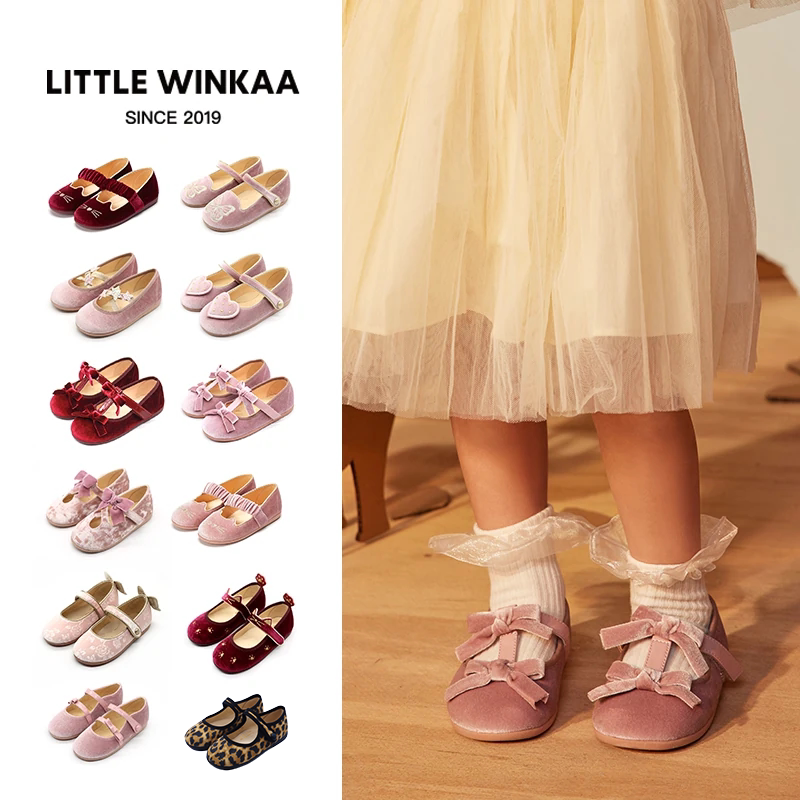 Little winkaa童鞋儿童丝绒舞蹈鞋子女童百搭可爱猫咪刺绣公主鞋