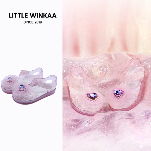 little winkaa网纱爱心小奶冻水晶凉鞋镂空防水粉色包头女童凉鞋