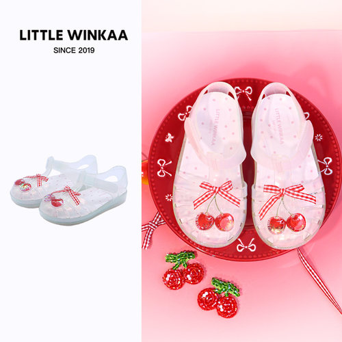 little winkaa蝴蝶结樱桃小奶冻泡泡凉鞋镂空防水可爱圆头女童鞋