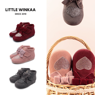 little winkaa童鞋棉靴冬季爱心加绒加厚魔术贴蝴蝶结保暖女童靴