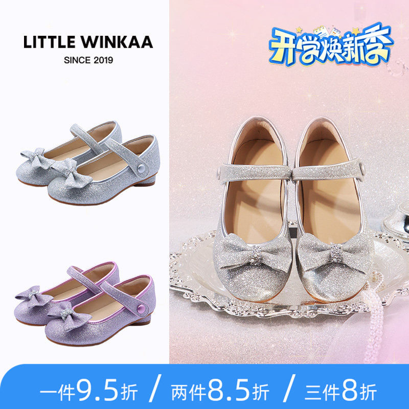 Littlewinkaa珍珠蝴蝶结闪亮高跟公主鞋2026秋季新款女童礼服演出