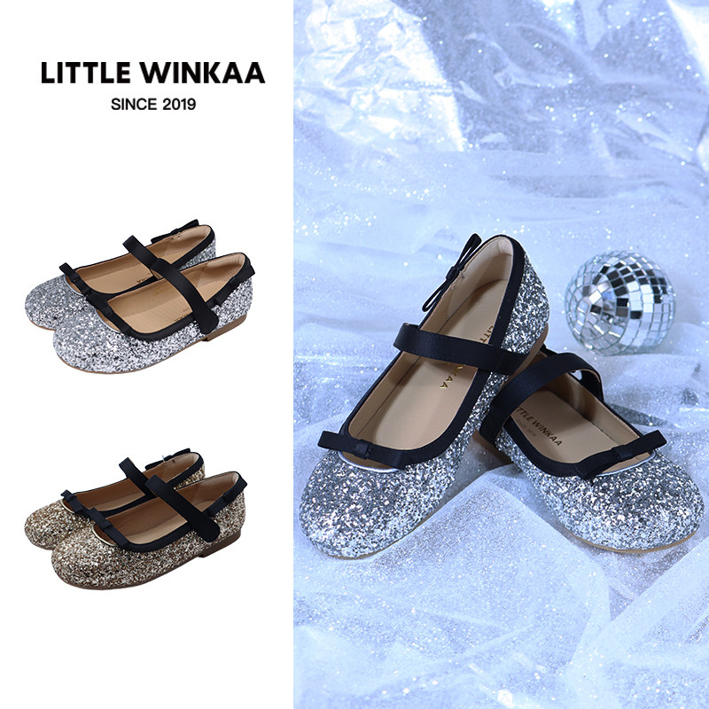 Little winkaa童鞋2026新款撞色蝴蝶结亮片闪亮公主鞋软底舞蹈鞋