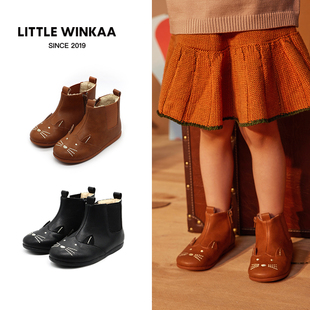 猫咪儿童皮靴加绒保暖百搭女童公主靴 秋冬新款 little winkaa童鞋