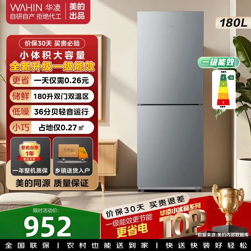 美的出品华凌188 180升小户型宿舍低分贝低能耗双开门星烁银冰箱