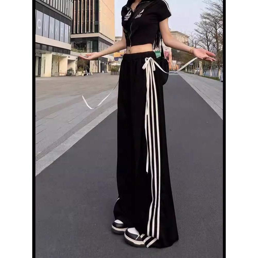 黑色撞色条纹休闲裤女夏季大码胖mm垂感百搭个性松紧遮肉运动裤子