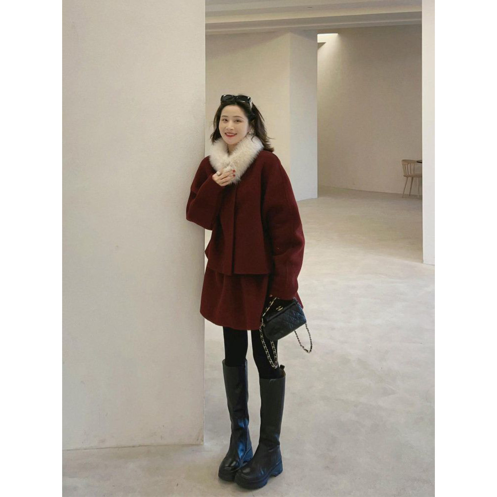 新款秋冬小香风套装裙两件套新年氛围红色气质毛呢外套女高级显白,女装/女士精品,时尚套装,淘宝优惠券,粉丝福利购,淘宝优惠卷