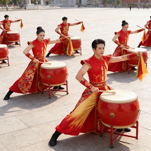 成人锣腰鼓队打鼓服中国风龙鼓红色喜庆中老年广场舞表演服赛龙舟